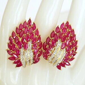 14K Yellow Gold Marquise Ruby & Diamond Cluster Flaming Flower Earrings